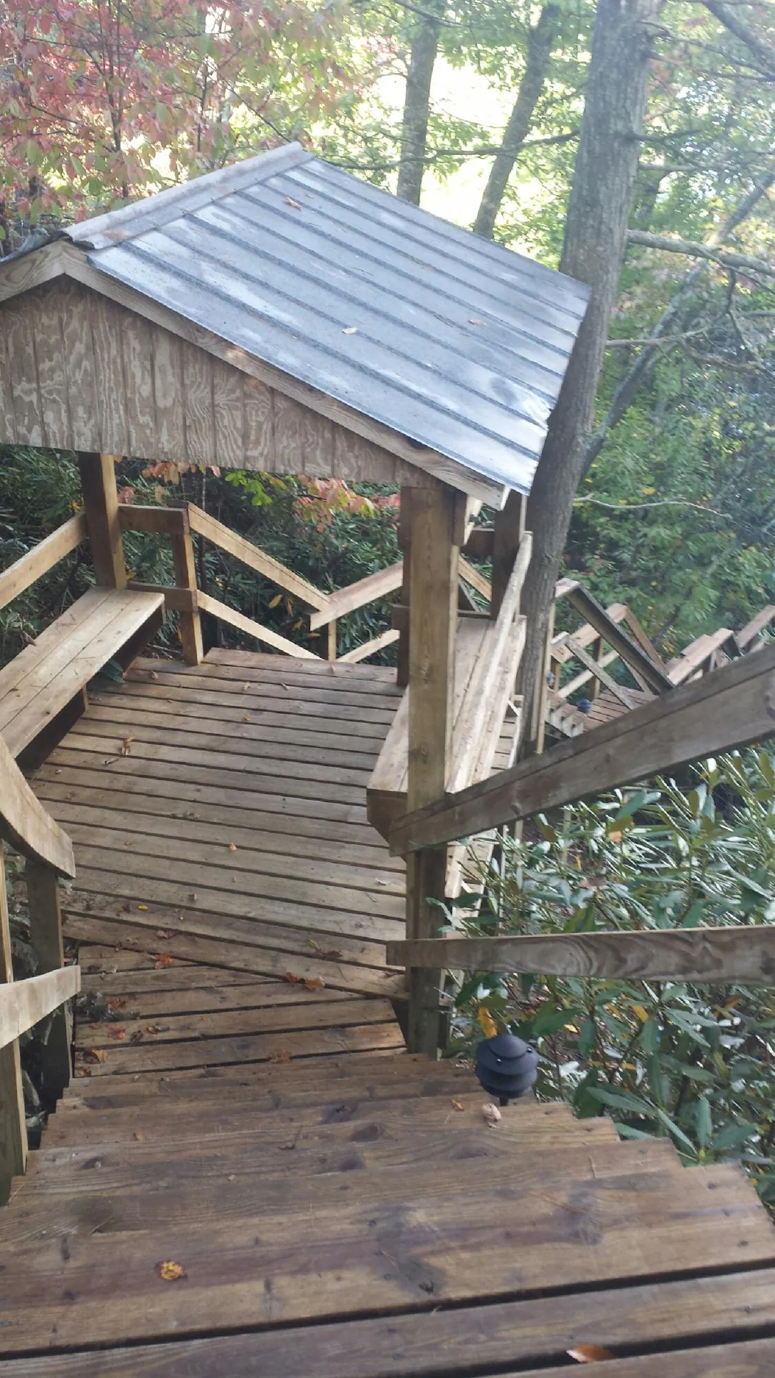 Metal roofed shelter over wooden steps on a wooded walkway — Skylight Repair & Installation work by our crew in Phelps